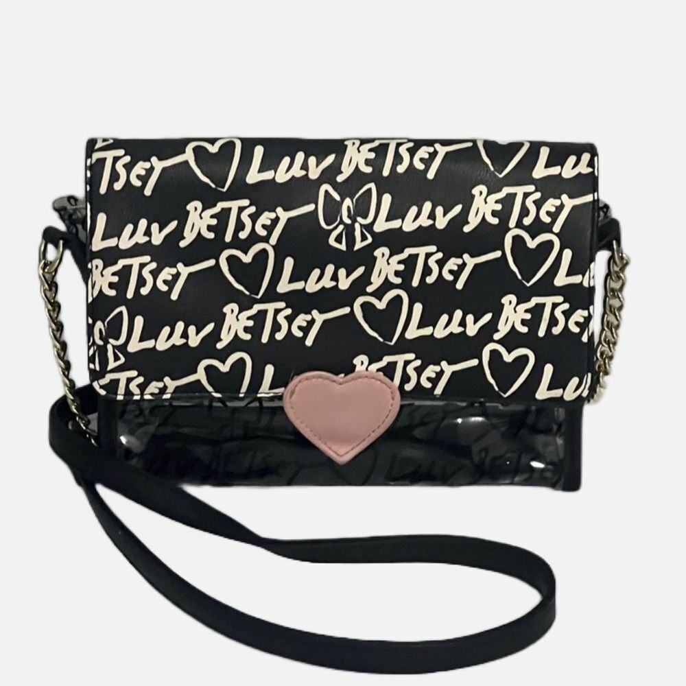 LUV Betsey by Betsey Johnson Designer Crossbody Bag Clear Black All Over Print - Picture 2 of 10